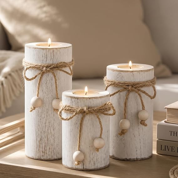 White Wooden Candle Holder with Flameless LED Candles Modern Boho Decor 3p