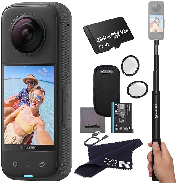 Insta360 X3 - Waterproof 360 Action Camera with 1/2" 48MP Sensors, 5.7K 360 HDR Video, 72MP 360 Photo, 4K Single-Lens, 2.29" Touchscreen, AI Editing |Bundle Includes Selfie Stick,Lens Guard&256GB