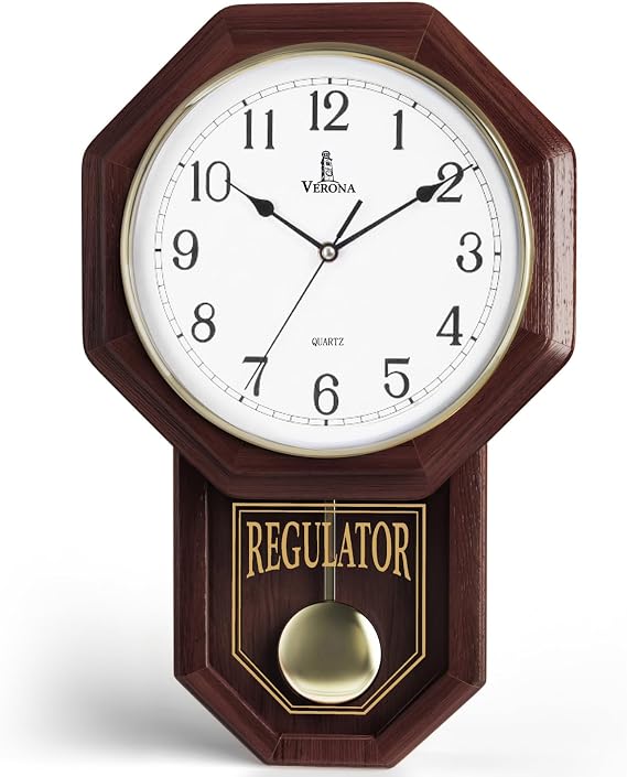 Pendulum Wall Clock - Real Wood Regulator Clock - Schoolhouse Design - Quiet, Non-Chiming, Wooden & Battery Operated - Decorative Wall Decor for Living Room, Home, Office 18x11