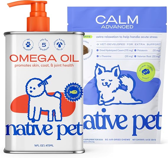 Native Pet Advanced Calming Chews for Dogs & Omega 3 Fish Oil for Dogs & Cats - Wild Alaskan Salmon Oil Supports Joints, Heart, Reduces Shedding, Anxiety Related Behavior