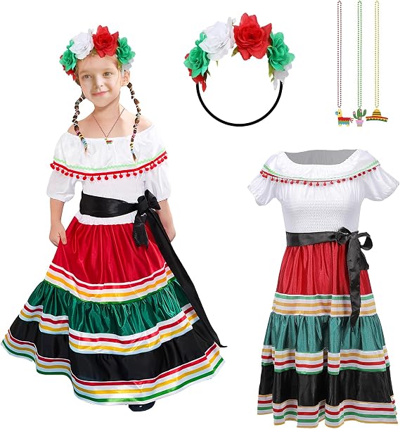 Mexican Dress for Girls Folklorico Dress Traditional Mexico Dress Cinco De Mayo Outfit Halloween Costume Party Dress