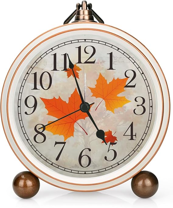 Classic Vintage Table Clock - 5.2in Analog Desk Clock, Silent Non-Ticking Clock with Distressed Metal Frame for Office, Living Room or Bedroom (Maple-Leaf)