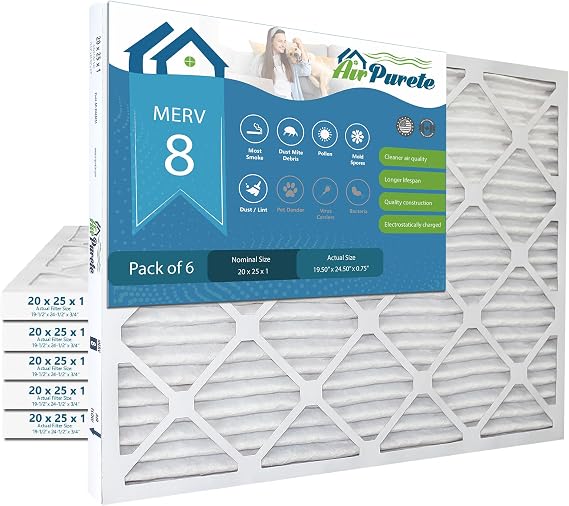 20x25x1 HVAC Furnace Air Filters | Actual Size: 19-1/2" x 24-1/2" x 3/4" | MERV 8 | PACK OF 6 FILTERS
