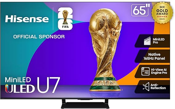 Hisense 65" U7 Mini-LED ULED 4K UHD Best Premium Gaming Google Smart TV (65U75QG) - QLED, Native 165Hz, VRR 288, Up to 3000 Nits, HDR10+, Dolby Vision IQ Atmos, IMAX Enhanced, 2.1.2 Ch