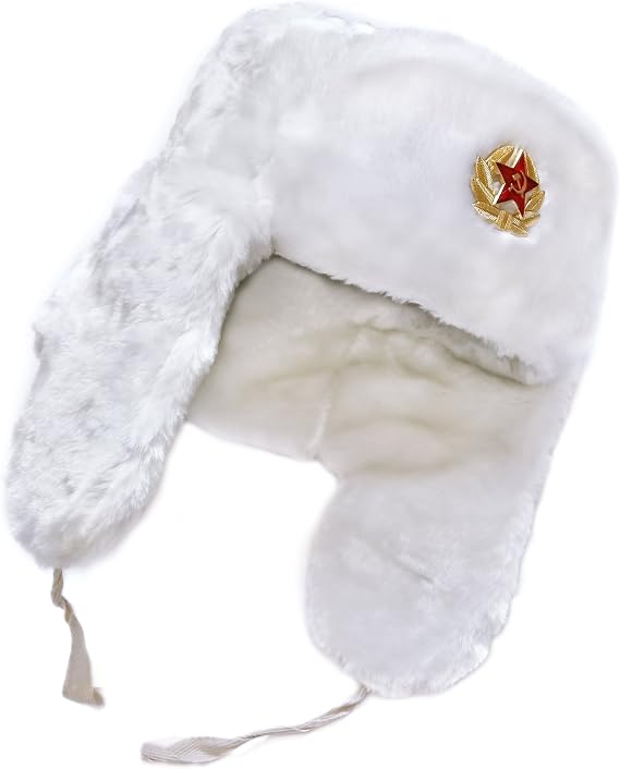 Authentic Russian Winter Hat Ushanka White, with Russian Eagle Insignia