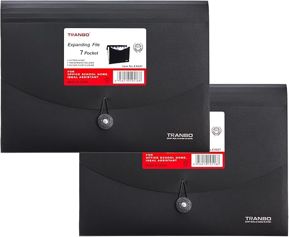 2 Pack 7 Pockets Accordion File Organizer, TRANBO Letter Size/A4 Expanding File Folder with Index Tabs, Expandable Plastic Document Organizer for Business Travel School Office Home, Black