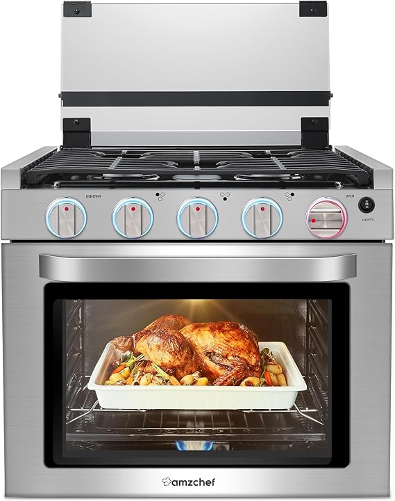 AMZCHEF 21 Inch RV Gas Range, 3 Burners 28,100 BTU Oven for RV/Camper/Trailer | Flame Protection\Cast-Iron Grates\Cooking Accessories\Compact RV Fit for Camper, Trailer & Motorhome Cooking