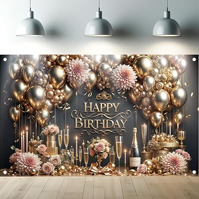 Luxury Happy Birthday Backdrop Black Gold Party Decoration Elegant Balloon Champagne Floral Banner for Women Men Birthday Celebration Photography Background Photo Booth 71 x 43 inch