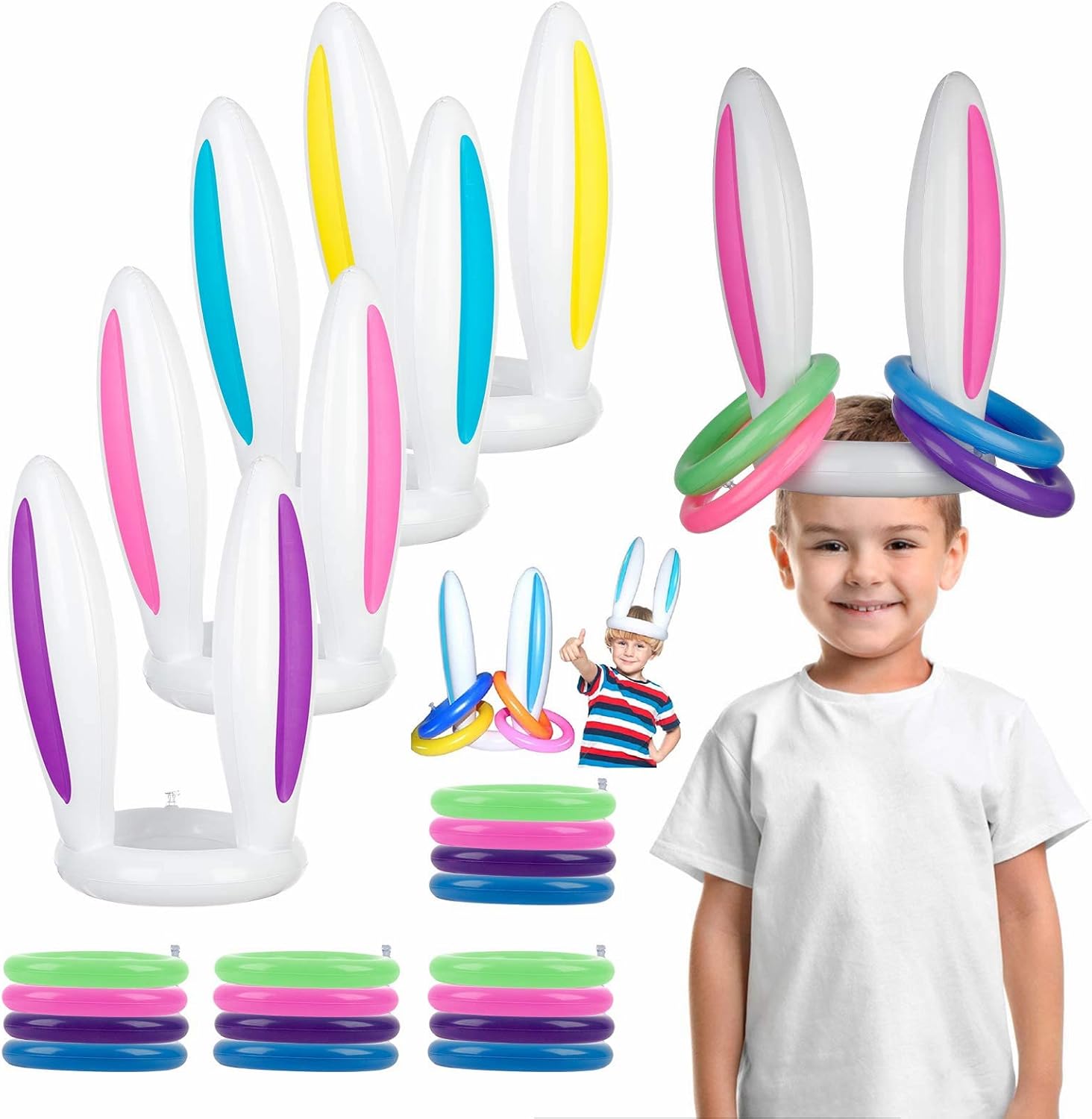 4 Pack Inflatable Bunny Easter Ring Toss Game Easter Rabbit Ears Hat with Rings Toss Funny Games Inflatable Toys Gift for Kid Family School Party Favor Indoor Outdoor Toss Game