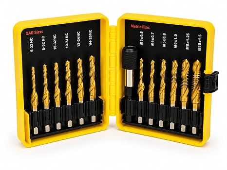 Drill and Tap Set 13-Pc SAE & Metric Combination Bits 1/4" Hex | Titanium-coated HSS with quick-change adapter and case