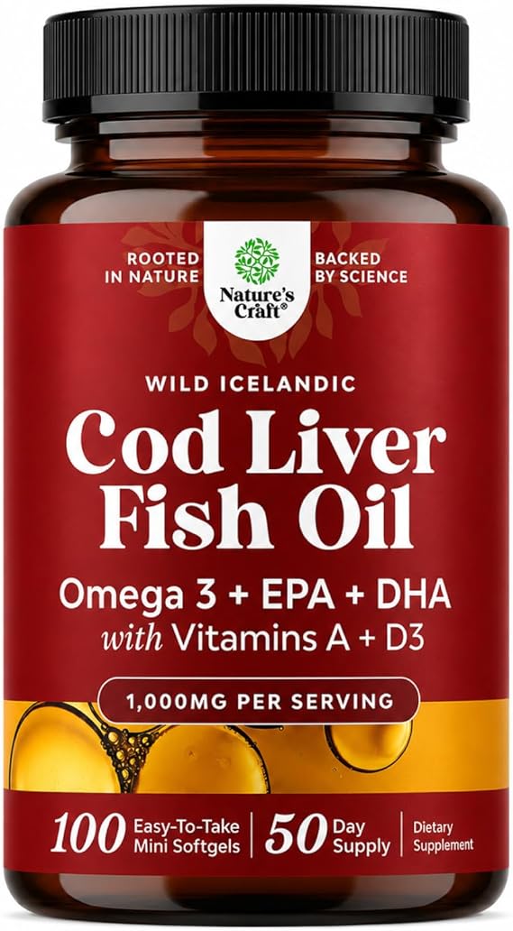 Cod Liver Oil Capsules, Omega 3 Fish Oil, 100 Mini Softgels | 1,000 mg per 2-softgel serving with 240 mg total omega-3s, EPA & DHA, vitamins A & D3, from wild-caught Icelandic cod
