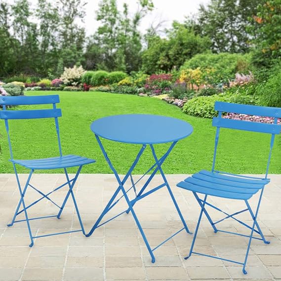 Bistro Set of 3 Outdoor Furniture Sets 2 Folding Chairs and Table High Quality Steel Frames and Weather-Resistant Wood Portable Design for Bistro & Balcony,Chestnut Brown