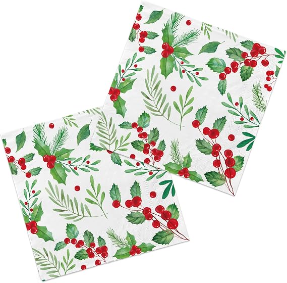 Christmas Party Supplies, Christmas Seasonal Holly Paper Beverage Napkins, Paper Cocktail Napkins for Party and Holiday Party Decorations