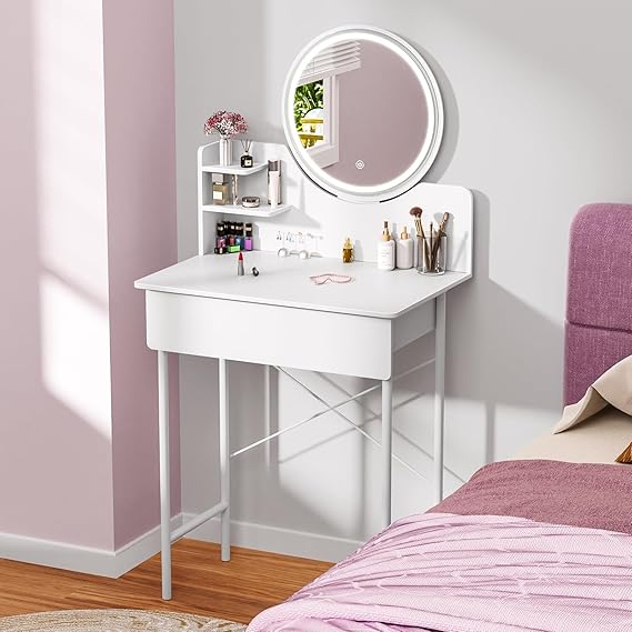 Dressing Table Makeup Vanity Desk, Vanity Table with LED Lighted Mirror, Lighted Makeup Table with 1 Drawer and 2 Opening Shelves, 3 Modes Brightness Adjustable, from USA White