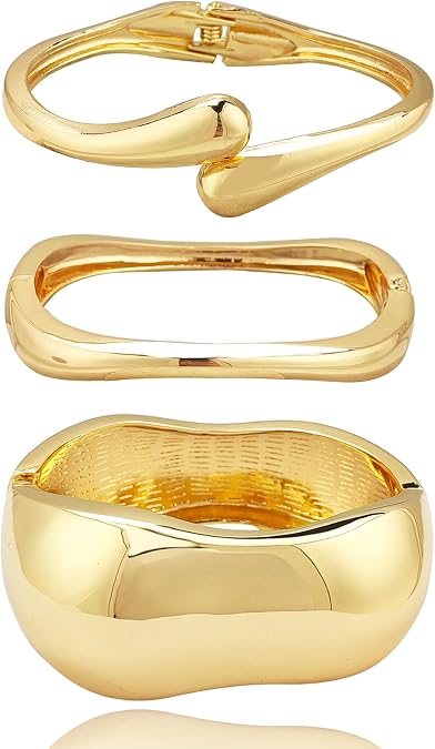 Chunky Gold Bangle Bracelets for Women, 14K Gold Plated Wide Cuff Bracelet