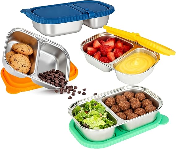 4 Pack Stainless Steel Snack Containers with Lids, Double Compartments 13oz