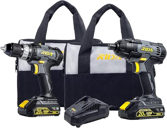 RIDA 20V Cordless Drill Driver/Impact Combo Kit, 2-Tool with 2-Pack 2.0 Ah 20V Li-Ion Compact Battery