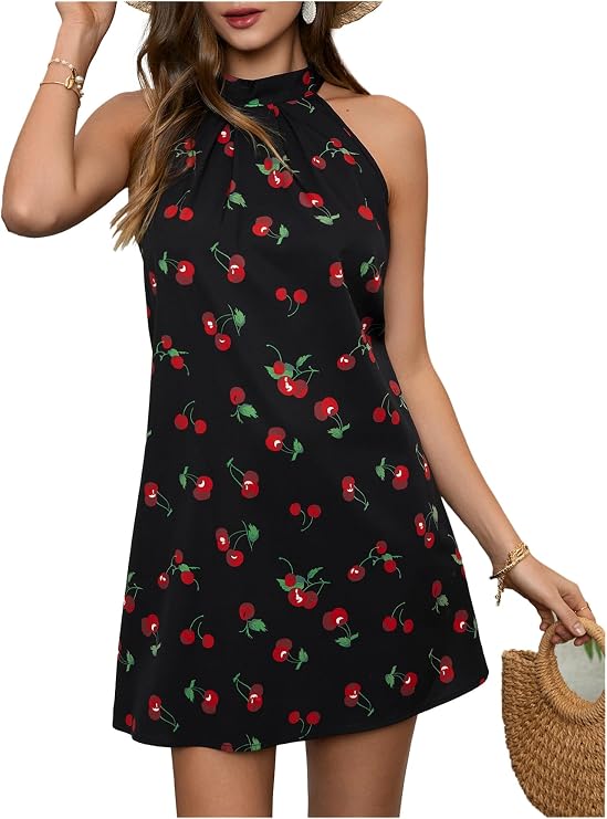 Floerns Women's Sleeveless Floral Sundress Halter Neck A Line Short Dress