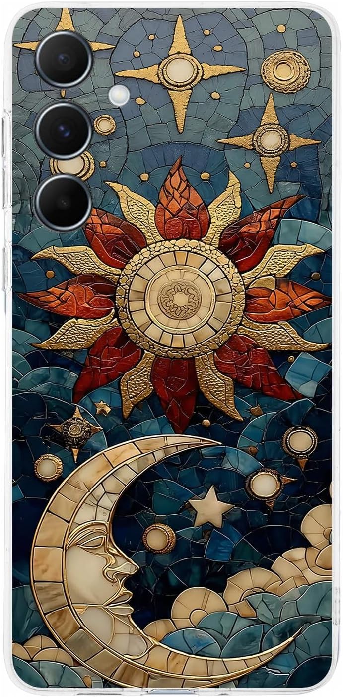 PrintiFy Samsung Galaxy A56 ile Uyumlu Vitray Sol ve Luna Tasarımlı Şeffaf Silikon Kılıf
