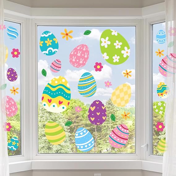 Tuzuaol Extra Large Easter Window Clings Decorations for Glass Windows, 53pcs Removable PVC Multicolor Easter Eggs Window Decals Stickers