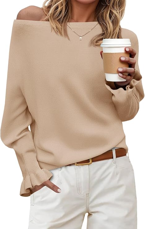 Saodimallsu Womens Boat Neck Off Shoulder Sweaters Ruffle Knit Pullover Top