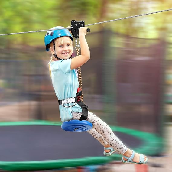 Zipline Kits for Backyard Kids and Adults 98FT Zip line up to 500lb with Stainless Steel Thickened Zip lines Cable Safety Harness Detachable Trolley Spring Brake for Outdoor Playground Entertainment