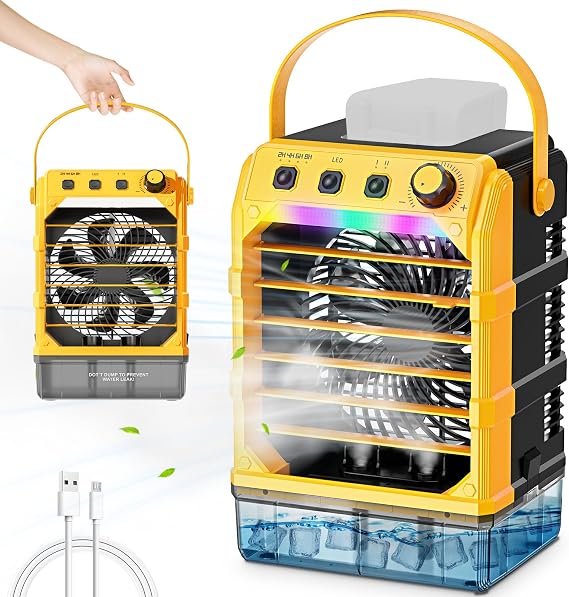 Portable Misting Fan Compatible for Dewalt 20v Battery(NO Battery) | Water Misting Fan With TYPE C Cable, 1.6L Water Tank, 8H Timer, Variable Wind Speed & LED Light For Jobsite Patio Outdoor
