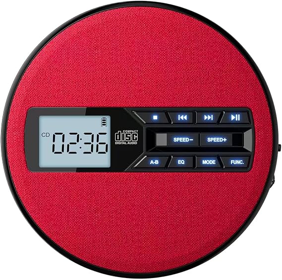 CD Player Portable with Speakers - Rechargeable Personal CD Player for Car and Home, Small Fabric Music Player with Backlit Display, Anti-Skip, AUX/USB Port - Ideal for Audiobooks & Gifts (Red)