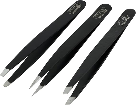 GERMAN Eyebrow Tweezers Hair Tweezers Slanted Straight Pointy Set Of 3 (BLACK) by SHYNE U.K