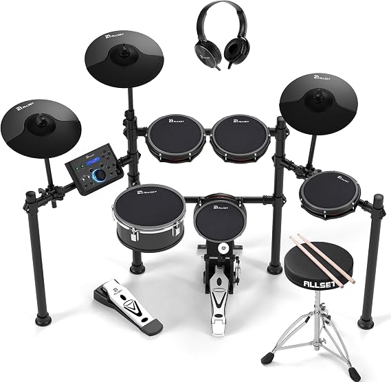 ALLSET 700 Professional Electric Drum Sets with Mude Mesh Drum Pads, 10" Dual Zone Snare, 30 Kits & 600+ BFD Sounds, 2 Pedals, Throne & Headphones, Drumsticks | Melodics Lessons (Black)