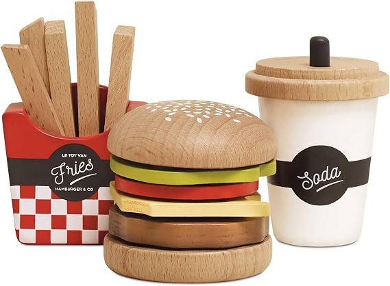 Le Toy Van Wooden Hamburger Meal 13-Piece FSC Certified Play Food Build-Your-Own Burger with Fries & Soda Eco-Friendly Fast Food Set