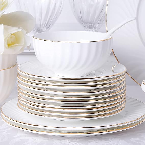 36 Pieces Dinnerware Sets, White Bone China Porcelain Dinner Serving Tableware Combination Set with Plates Bowls Dishes and Soup Pot Service for 8 People Microwave and Ov