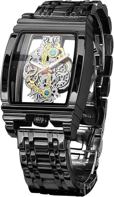 FORSINING Men's Luxury Hollow Skeleton Watch Retro Gorgeous Gear Carving Design Rectangle Tonneau Large Dial Leather Belt & Stainless Steel Band Quartz Wristwatch Not Mechanical Watches