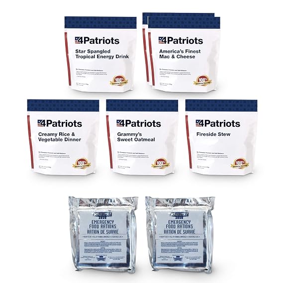 4Patriots 1-Week Survival Food Kits + 2 Emergency Food Bar Packs Bundle: 60 Long-Lasting Servings
