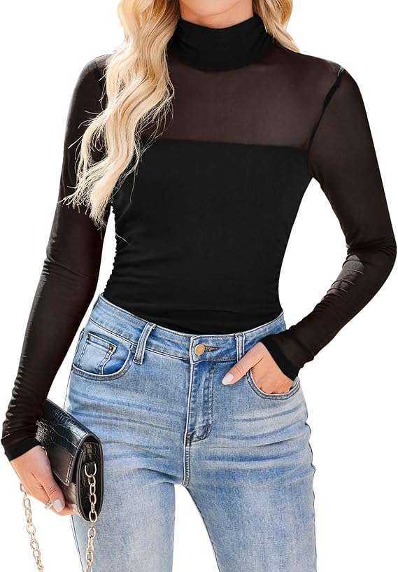 Amilia Women's Mock Neck Long Sleeve Mesh Patchwork Solid Casual Slim T Shirts Basic Tunic Tee Tops