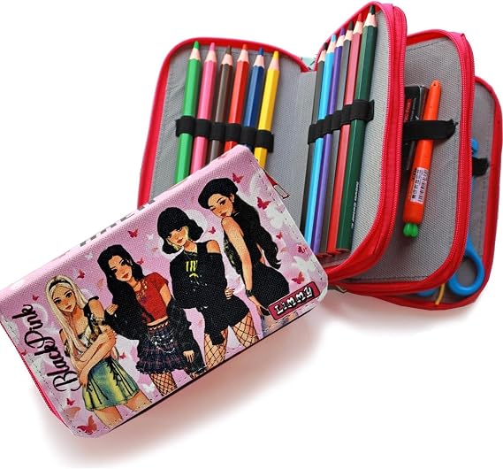 Blackpink Butterfly Pencil Case Kawai Organizer Pencil Case Vegan Leather Three Compartment Pen Holder - Pink