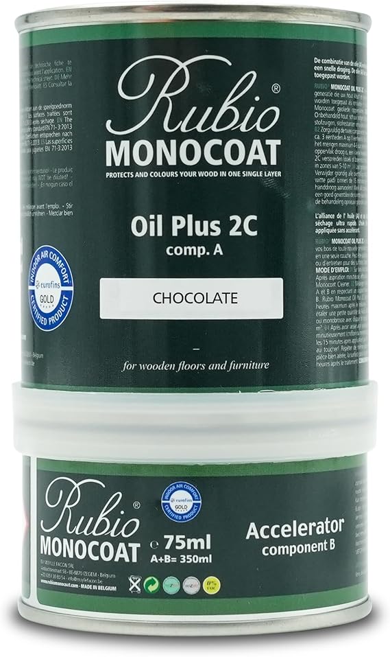 Rubio Monocoat Wood Stain & Finish 175 ft2 | Oil Plus 2C | Quick-Dry, Eco-Friendly Linseed Wood Oil for Indoor Use, Includes Accelerator (Part B) | Protector | 350 ml, Chocolate