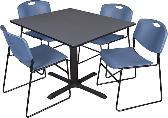 Regency Cain 48 in. Square X-Base Breakroom Table- Grey & 4 Zeng Stack Chairs- Blue