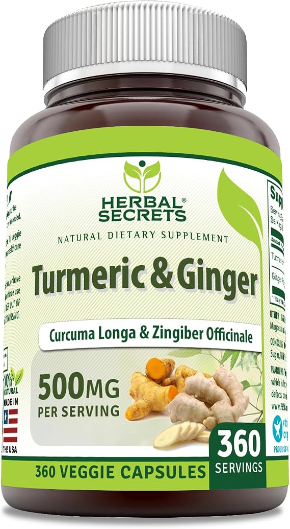 Herbal Secrets Turmeric & Ginger 500 Mg Veggie Capsules Supplement | Non-GMO | Gluten Free | Made in USA (1 Pack, 360 Count)