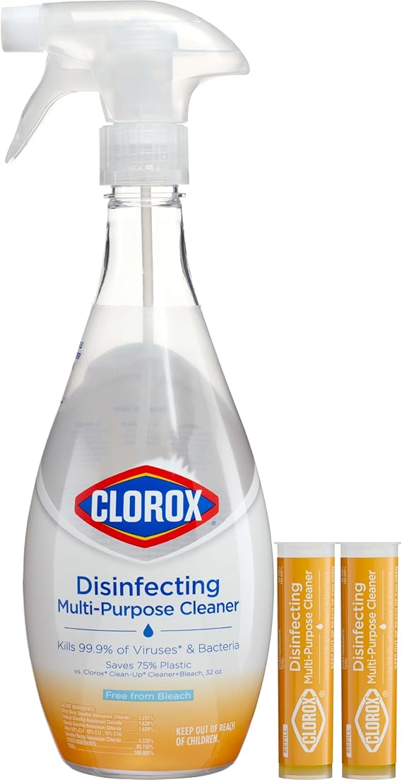 Clorox Disinfecting Multi-Purpose Cleaner Starter Kit, Household Essentials, One Reusable Spray Bottle Plus 2 Refills