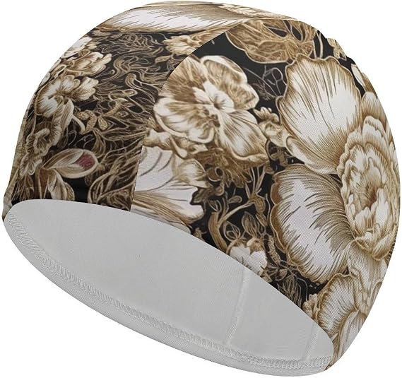 Gold Leaf Flowers Swim Caps for Adult Women & Men, Lightweight Stretchable Swim Pool Hat,Swimming Caps for Pool, Beach, Lap Swimming,Surfing Protection Hair Ears