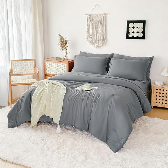 Double Brushed Micorfiber Queen Comforter Set Silver Gray - 7-Piece Bed in a Bag, All-Season Soft Bedding with Sheets & Envelope Pillowcases (88"x88",Queen)