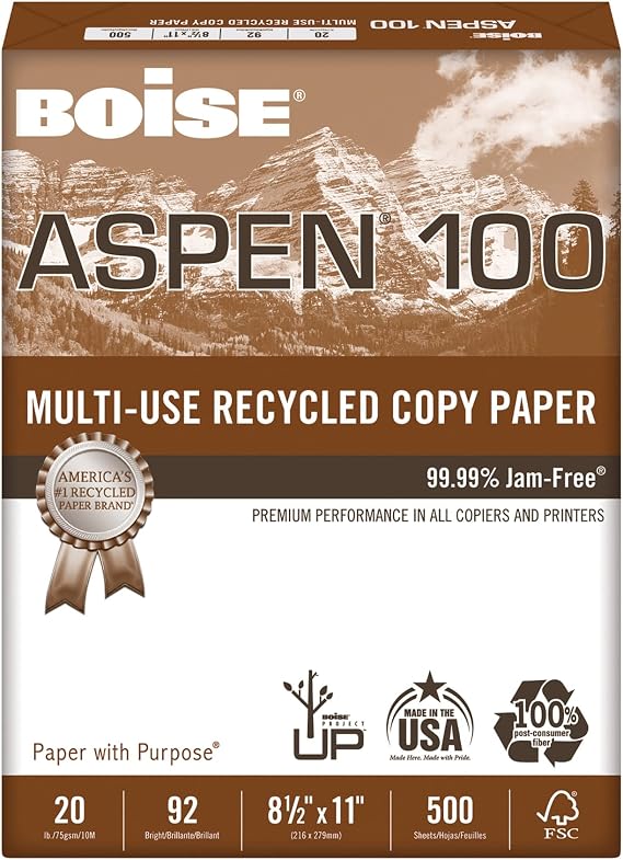 Boise ASPEN 100 Multi-Use Printer & Copy Paper, 1 Ream, White, Letter (8.5" x 11"), 500 Sheets Per Ream, 20 Lb, 92 Bri