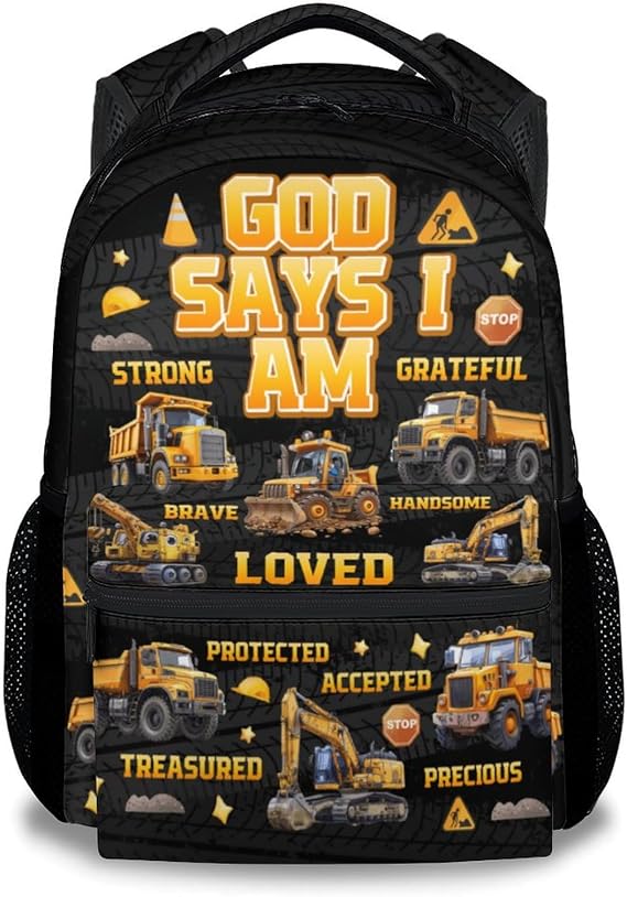 Kids Backpack Boys, Construction Backpack for Toddler, 17" Truck Bookbag for Preschool Kindergarten Elementary, God Says I Am School Bag