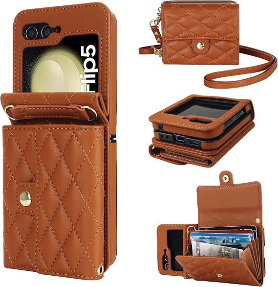 KIHUWEY Crossbody Wallet Case for Galaxy Z Flip 5 Strap for Women, Brown