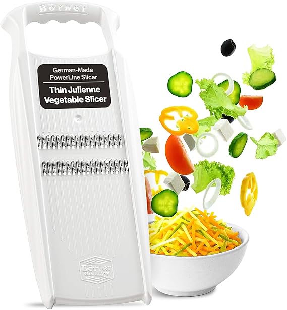 Swissmar Borner PowerLine Thin Julienne Vegetable Slicer Precision Mandoline Slicer for Potatoes, Zucchini, Hard Fruits - Perfect for Vegetable Salad Essential Kitchen Gadgets - White