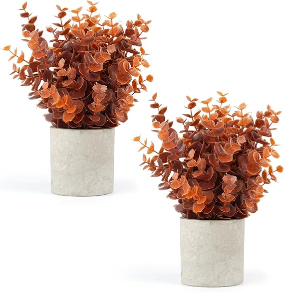 Velener 2 PCS Small Fake Eucalyptus Plant Artificial Potted Plants Indoor for Desk, Shelf, Home Decor Realistic Faux Plant for Office, Bathroom, Living Room Decoration (Fall Orange)