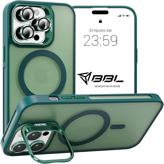 Babilden iPhone 14 Pro Max İçin Kılıf Kamera Korumalı Magsafe İle Uyumlu Kablosuz Şarj Özellikli Mat Şeffaf Renkli Standlı Lens Hediyeli Telefon Kılıfı (Yeşil)