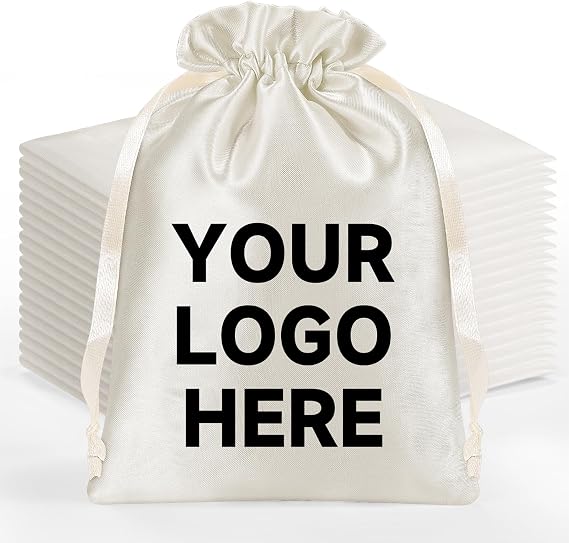 Custom Silk Satin Gift Bags with Drawstring, 500 Packs Personalized Printed Logo Gift Bags Jewelry Storage Pouch Party Favors Sachet Bags, Beige 2 Sizes
