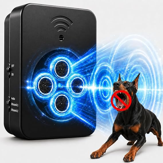 Automatic Anti Barking Device for Dogs, 4-Emitter Ultrasonic Bark Deterrent, 50 FT Range, 3 Modes, USB Rechargeable Hands-Free Indoor Outdoor Bark Control Box for 6-120 lb Dogs